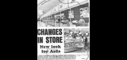 Historical newspaper clipping with headline 'changes in store, new look for Asda'
