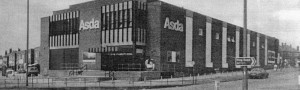 Historical Asda building in black and white